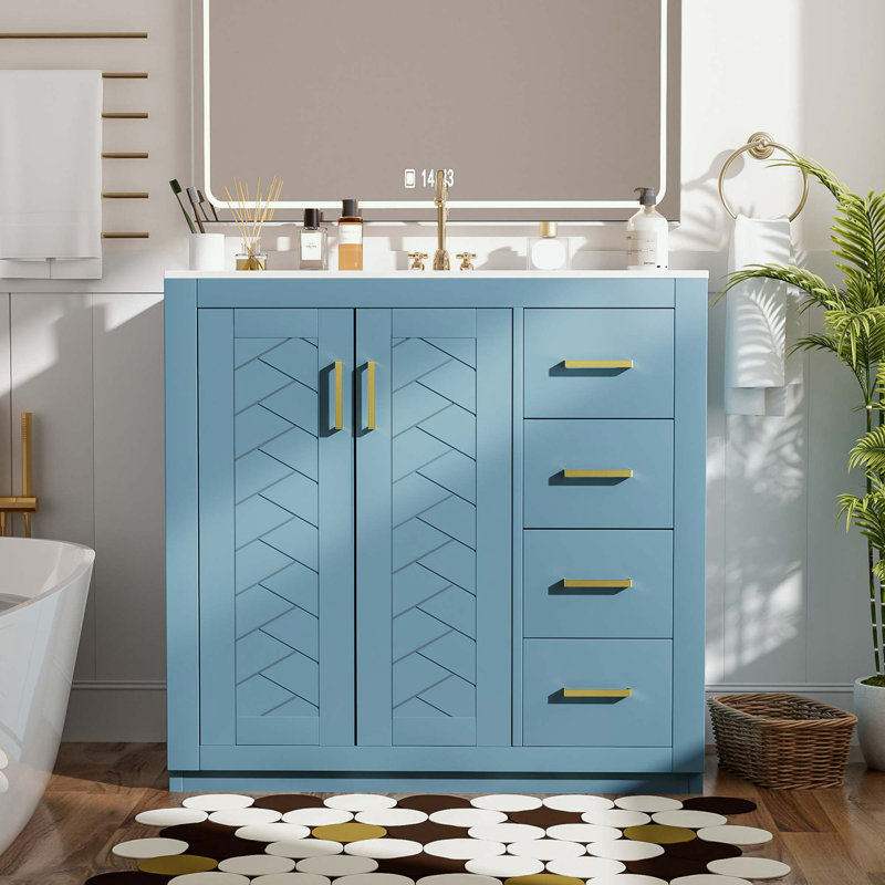 Bathroom Vanity with Sink, 3 Drawers, 2 Doors and metal handles, Light Blue