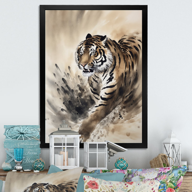 Tigre beige dans la nature II - impression, Cadre photo noir, H 20 po x l 12 po x P 1 po