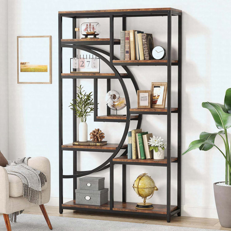 68.89" Height Industrial Corner Bookshelf In Rustic Brown & Black, 5-Tier 9-Shelf Storage Organizer, Rustic Brown