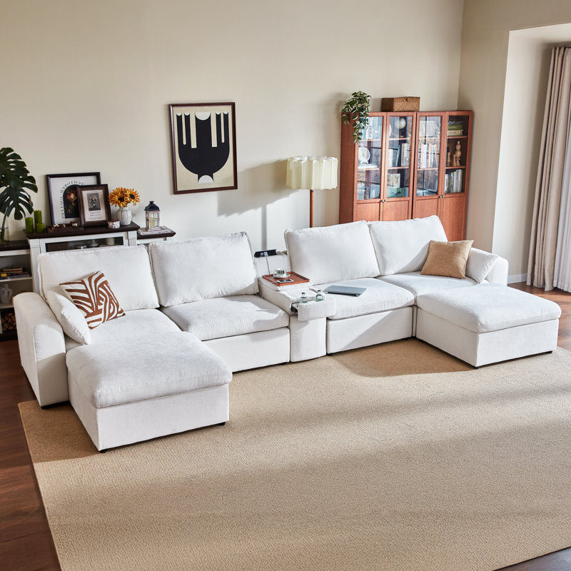 U-shaped 6-seater Sectional Couch Chenille Oversized Modular Sofa Cloud Couch With Versatile Console, Convertible Side Table Charging Storage Cup Holder