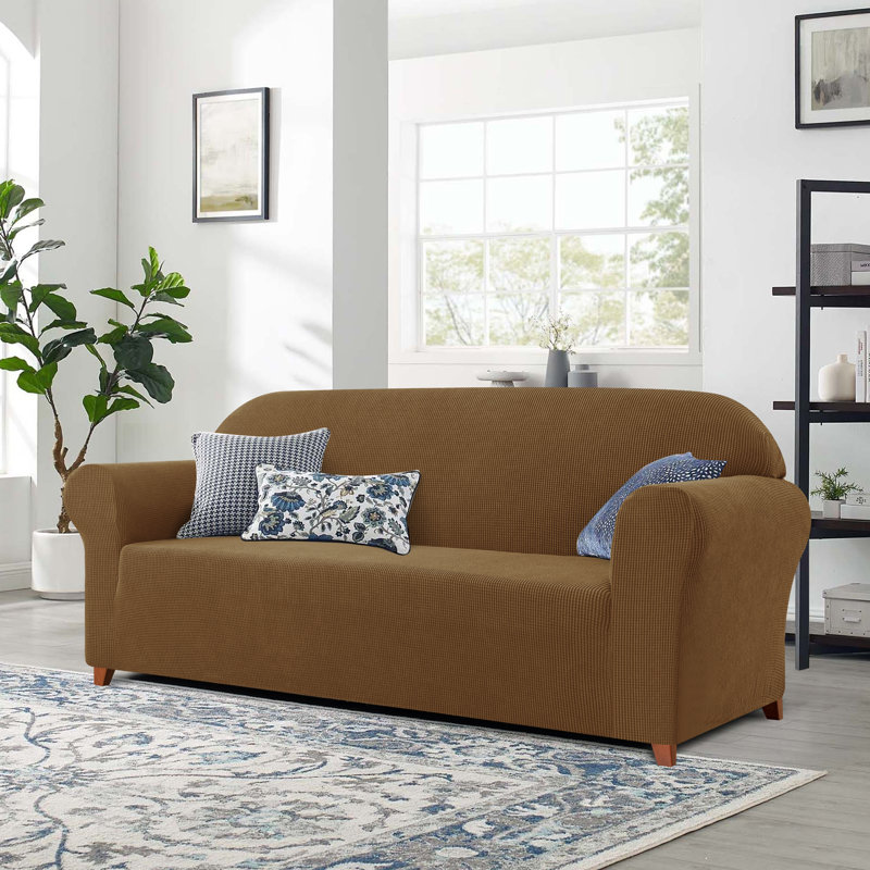 Soft Spandex Stretch Box Cushion Sofa Slipcover, 104cm H x 235cm W x 107cm D, Coffee