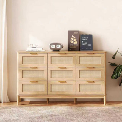 58 " Rattan 9-Drawer Dresser With Solid Wood Legs