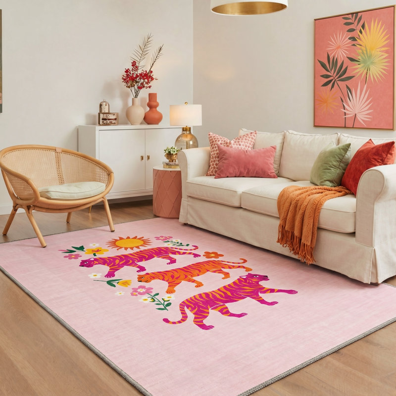 Tigerlily Floral Machine Washable Pink / Red / Yellow Indoor Area Rug with Non-Slip Backing, Rectangle 8' x 10'
