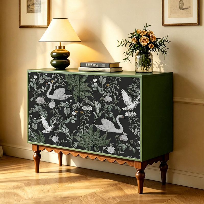 Vintage Swan Pattern Solid Wood Storage Cabinet