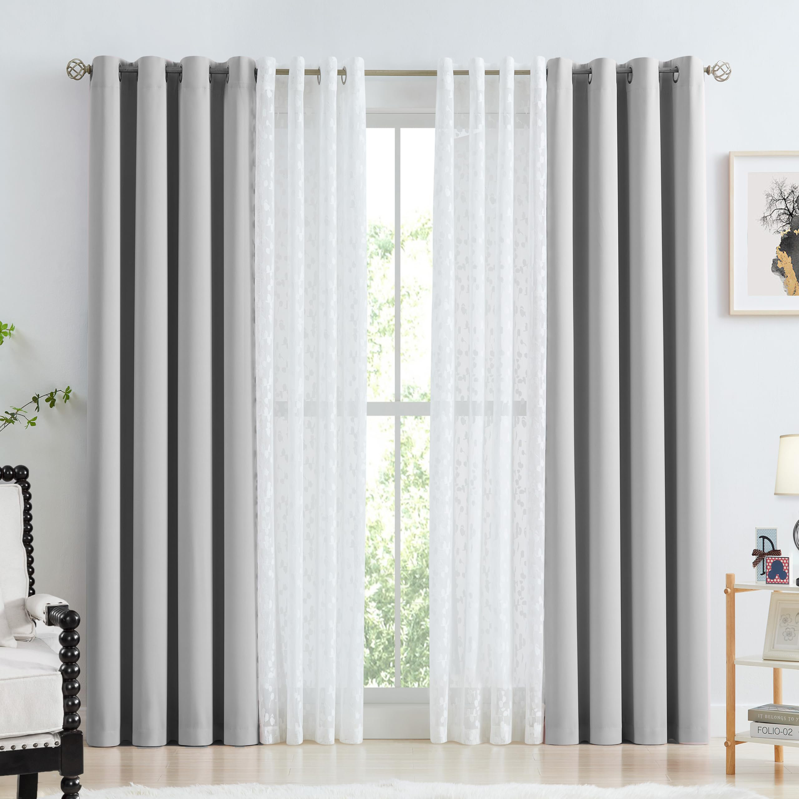 Red Barrel Studio® Grey Blackout Mix Matched Curtains Leaf Sheer Lace