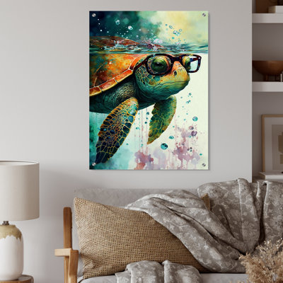 Turtle With Glasses In The Ocean II - Turtle Acrylic Wall Art Modern