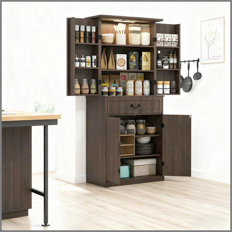 Armoire de cuisine moderne à DEL avec lumière à détection de mouvement et tablettes réglables pour un rangement efficace