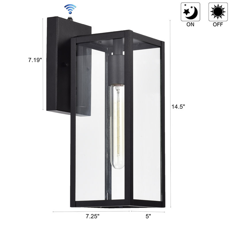 Lanterne murale d'extérieur 1 lumière noire matte, Du crépuscule à l'aube, H 14,5 po x l 5 po x P 7,25 po