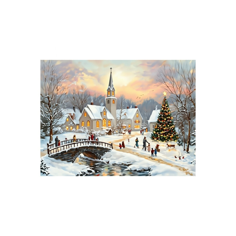 «Snowy Church and Christmas Tree», art mural non encadré, L 24 po x l 36 po