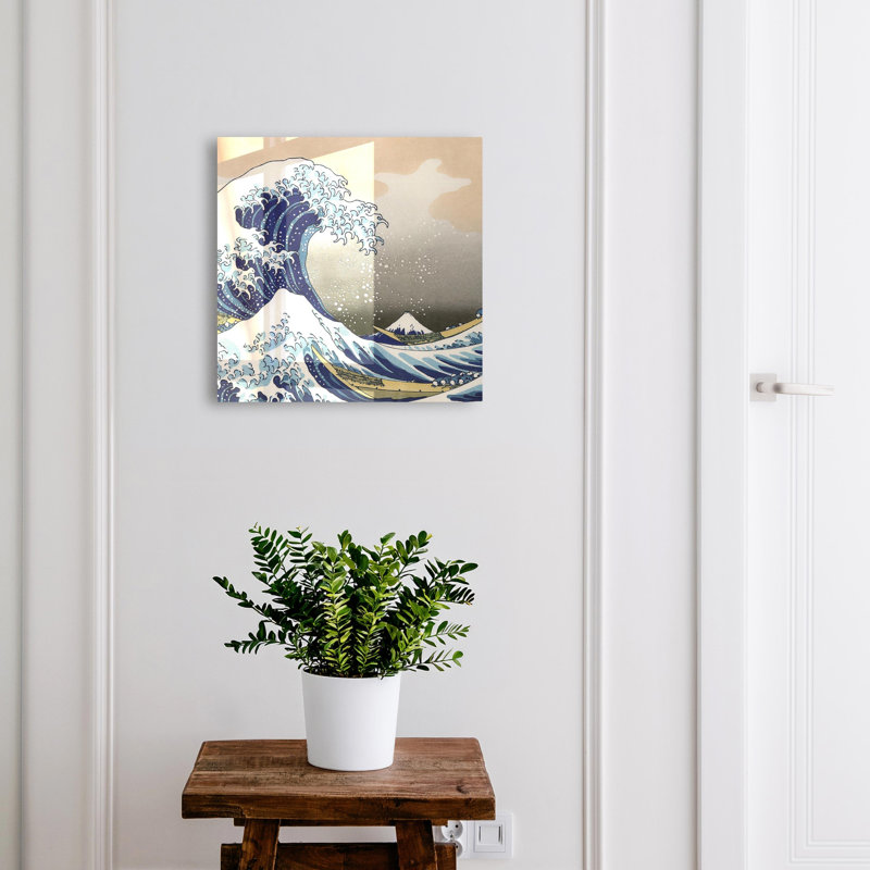 Key storage cabinet, Opens to the right, 30x30x5, Black, A powerful wave and a peaceful mountain in the background, 