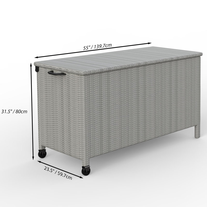 Boîte de rangement extérieure imperméable et en osier avec roulettes, H 31,5 po x l 55 po x P 23,5 po, Gris