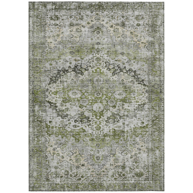 Aloe Green and Gray Synthetic Washable Rectangular Rug