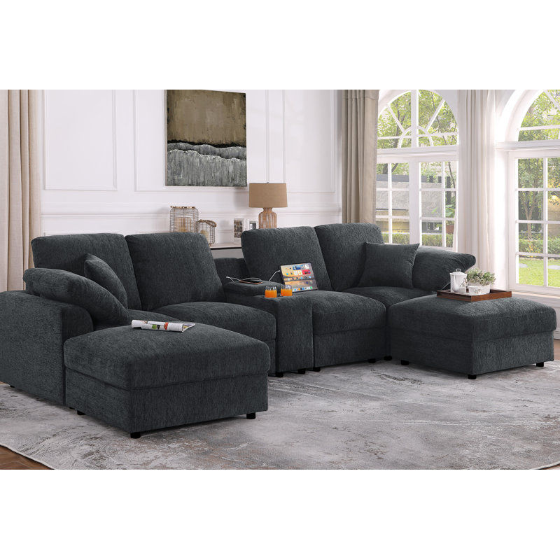 128.75” Sectional Sofa With 2 Ottomans, Dark Gray