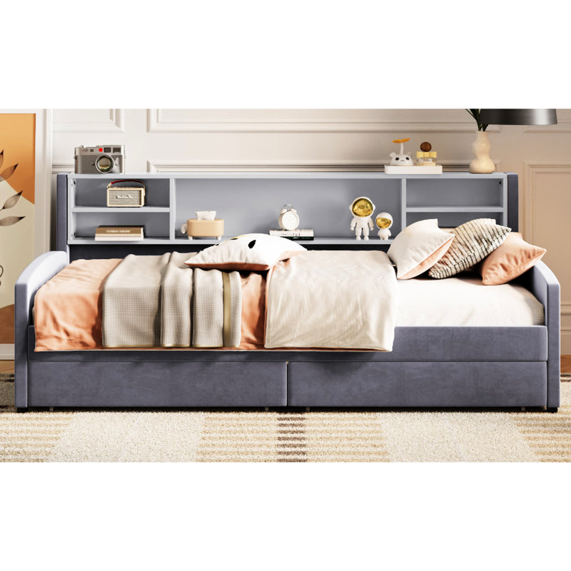 Twin Size Upholstered Platform Bed With Storage- Soft Velvet Fabric, Comfortable Headboard, Spacious Drawers For Extra Bedding And Clothing Headboard Side , Convenient