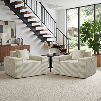 Fauteuil surdimensionné en velours côtelé de 43 po de largeur avec coussin, canapé simple désossé et rembourré avec 2 porte-gobelets pour le salon, la chambre à coucher, un appartement, un bureau