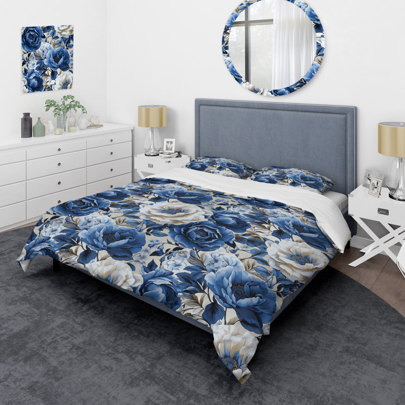 Ensemble de housse de couette Blue Neo Victorian Roses Victorian, Housse de couette pour grand lit et 2 taies décor