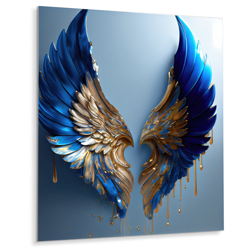 Blue And Gold Angel Wings V - Wings Angel Metal Wall Art, 44" H x 34" W x 1" D