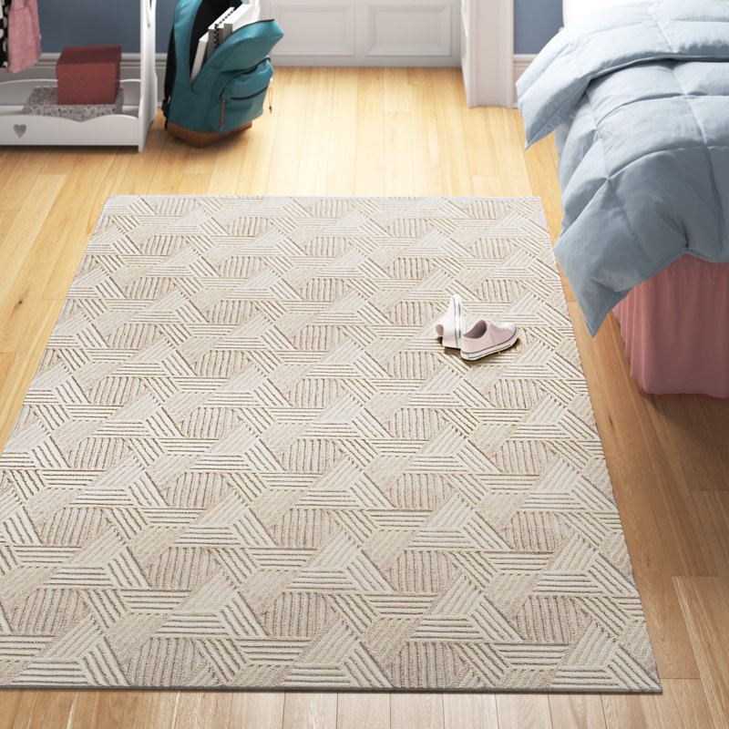 Tapis géométrique en laine avoine / ivoire touffeté à la main Lashawndra, Rectangle 11 pi 6 po x 15 pi