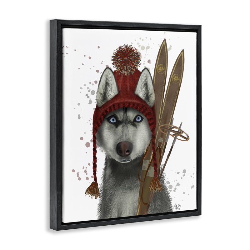 «Husky with Winter Skis» par Fab Funky, H 31 po x l 25 po, Cadre flottant noir de jais