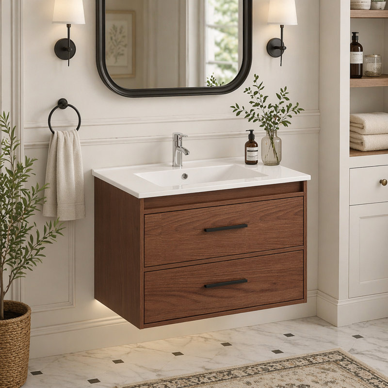 30"  Reddish Brown  Wall Mounting Bathroom Vanity, Soft Close  2 Drawer