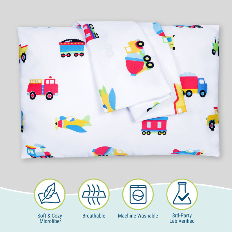 Ensemble de 2 taies d'oreiller 100% microfibre pour enfant Wildkin - Taille douce, respirante et pour tout-petit - trains, avions et camions