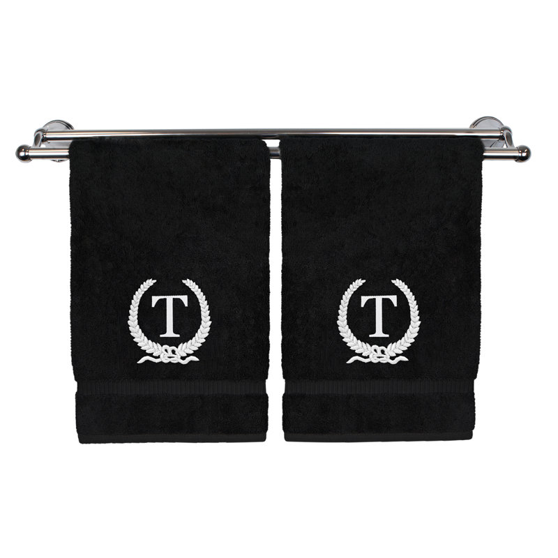 Essuie-mains monogramme - ensemble de 2 - lettre de conception de couronne, Noir / blanc, T