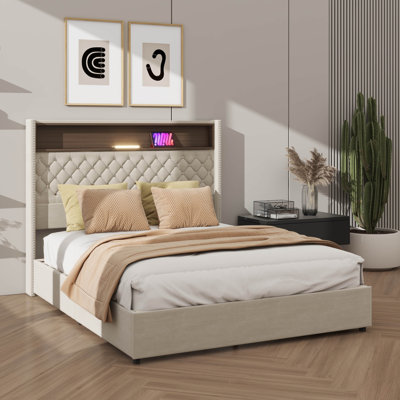 Structure de lit tapissier en velours pour grand lit, USB et veilleuse intégrée, lit plateforme à oreilles avec compartiment de rangement pour tête de lit