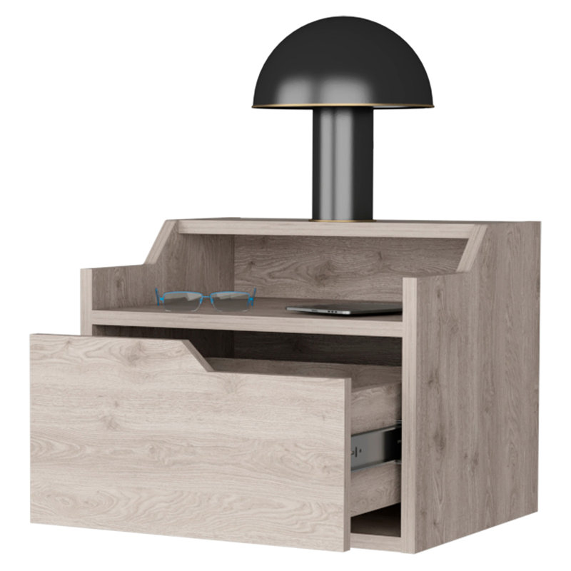 Élégante table de chevet grise avec tablettes et support, Gris clair