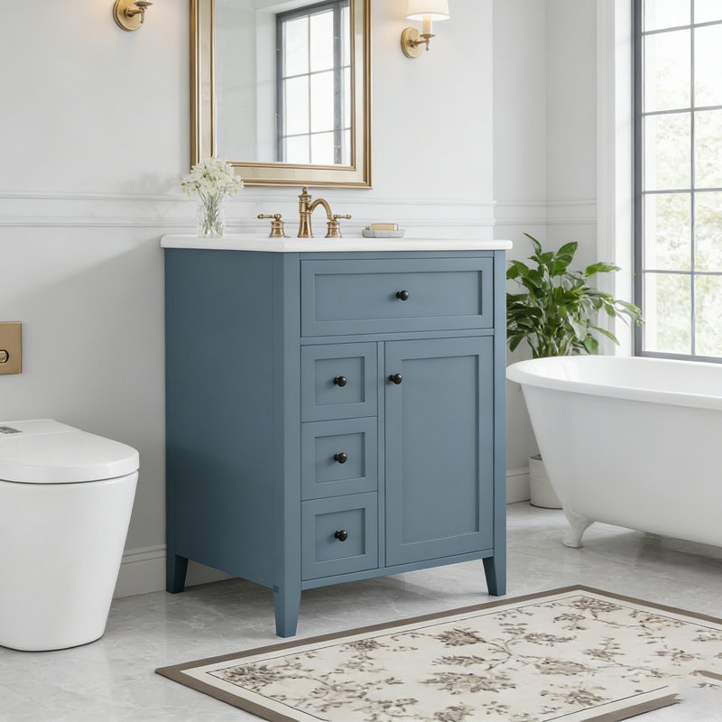 Meuble-lavabo de salle de bain avec lavabo, panneau de fibres à densité moyenne et bois d'hévéa, 3 tiroirs et armoire avec tablettes réglables, conception moderne