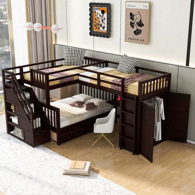 Lit superposé simple en L avec 3 tiroirs, bureau portable et garde-robe