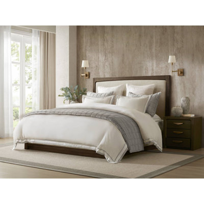 Ensemble de housse de couette pour lit double / grand 3 pièces en mélange de lin avec bride brodée et taies décoratives standard