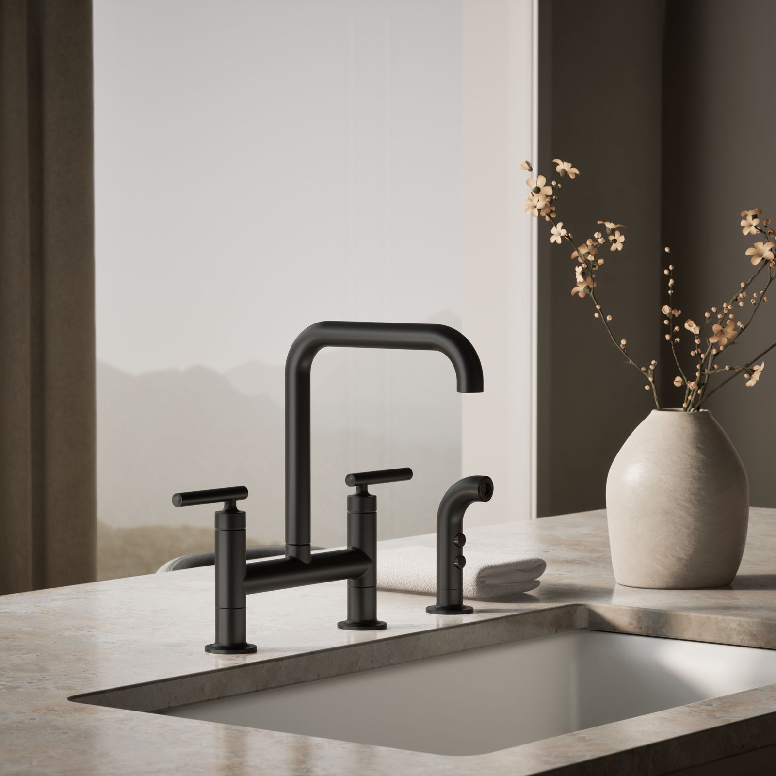 Kohler Purist Bridge Faucet with Sidespray, Matte Black