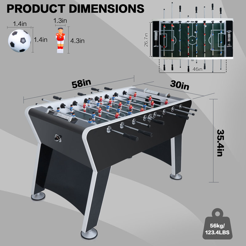 Black and Silver 58" MDF Foosball Table with Ergonomic Handles