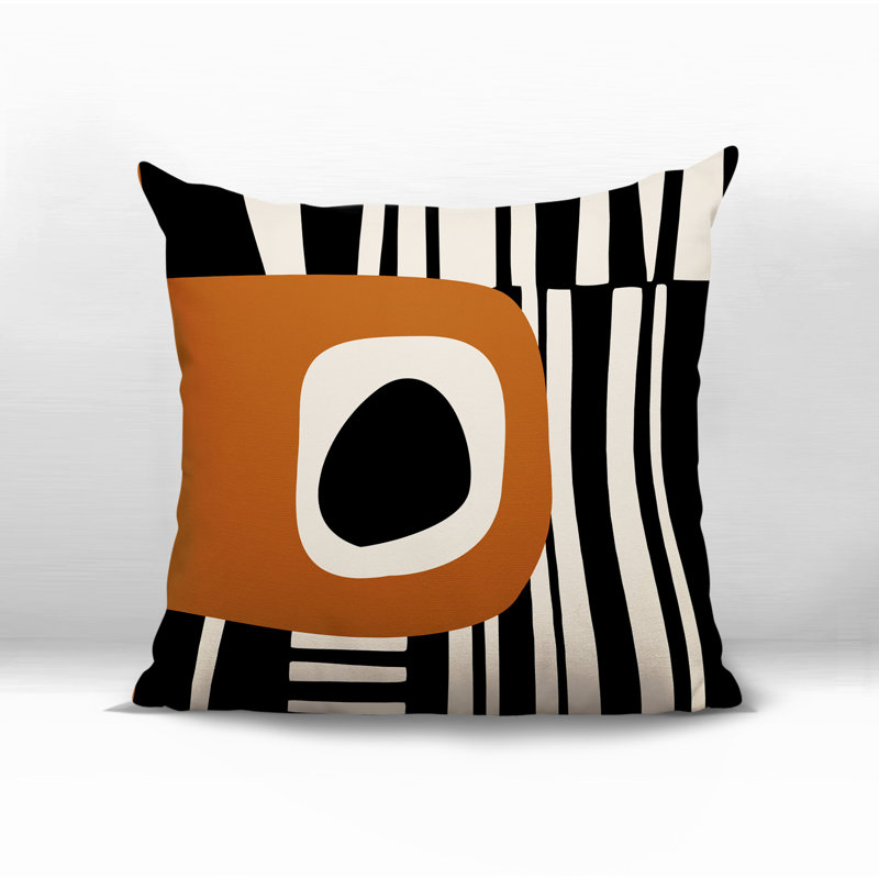 Oreiller carré réversible intérieur / extérieur Jina, H 15 po x l 15 po, Orange brûlé / noir / blanc cassé abstrait