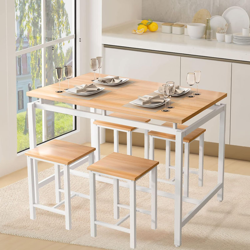 5-Piece Modern Kitchen Bar Table Set With Four Bar Stools, Metal Frame & White Oak MDF
