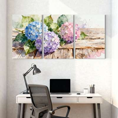 Watercolor Hydrangea Flowers on Rustic Wood Canvas Wrapped Wall Art, Floral Print (Set of 3)