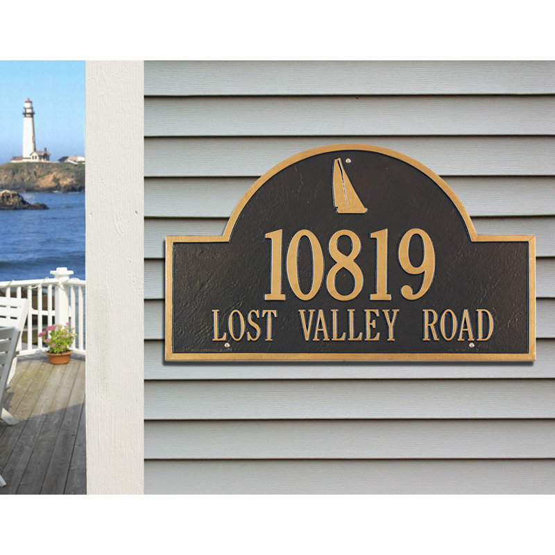 Nautical 2-Line Wall Address Plaque, Black/Gold, Yes