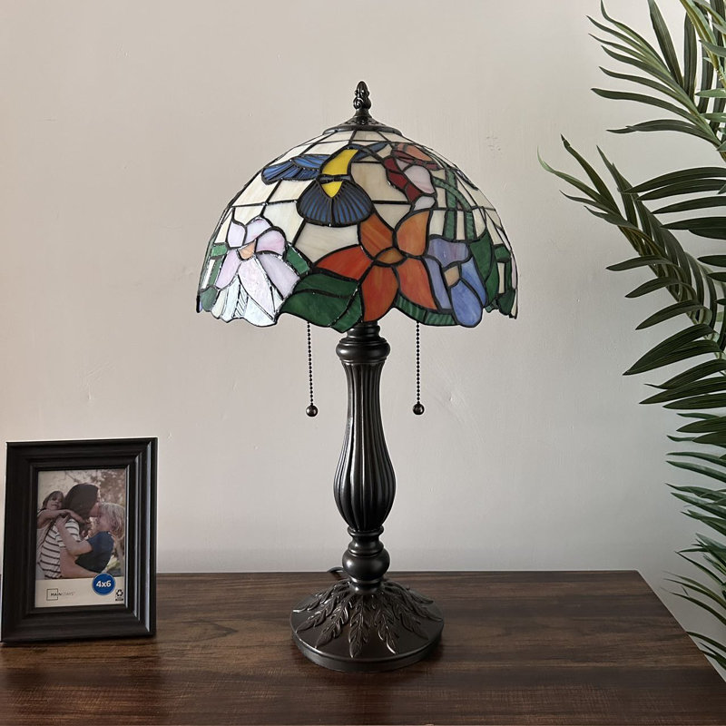 Bernharda Hallan Tiffany Style Table Lamp Stained Glass Hummingbird Flowers LED Bulbs Included H 22*