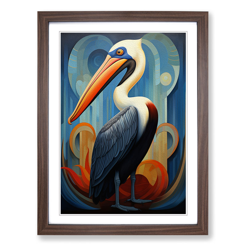 Pelican Art Deco - Single Picture Frame Print on Wood, 64cm H x 46cm W x 2cm D, Walnut Framed