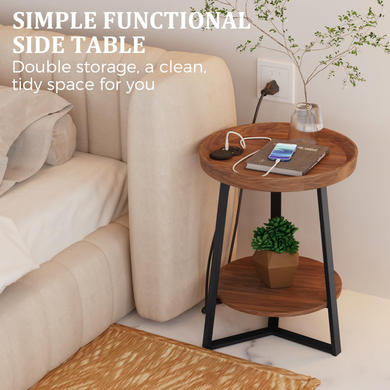 Round End Table With Charging Station, USB Ports, Wood Tabletop & Black Metal Frame, 2-Tier Side Table For Living Room, Bedroom, Brown 15.7 * 15.7 * 23.6Inches
