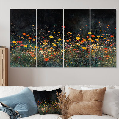 Fleurs jaunes jaunes en pleine nuit prairie I - Art mural fleurs sauvages - ensemble de 4 décorations murales traditionnelles