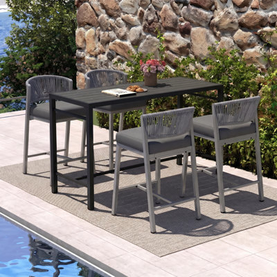 5-Piece Modern Aluminum Indoor Outdoor Dining Set, Rope Woven Patio Bar Set with Rectangular Table