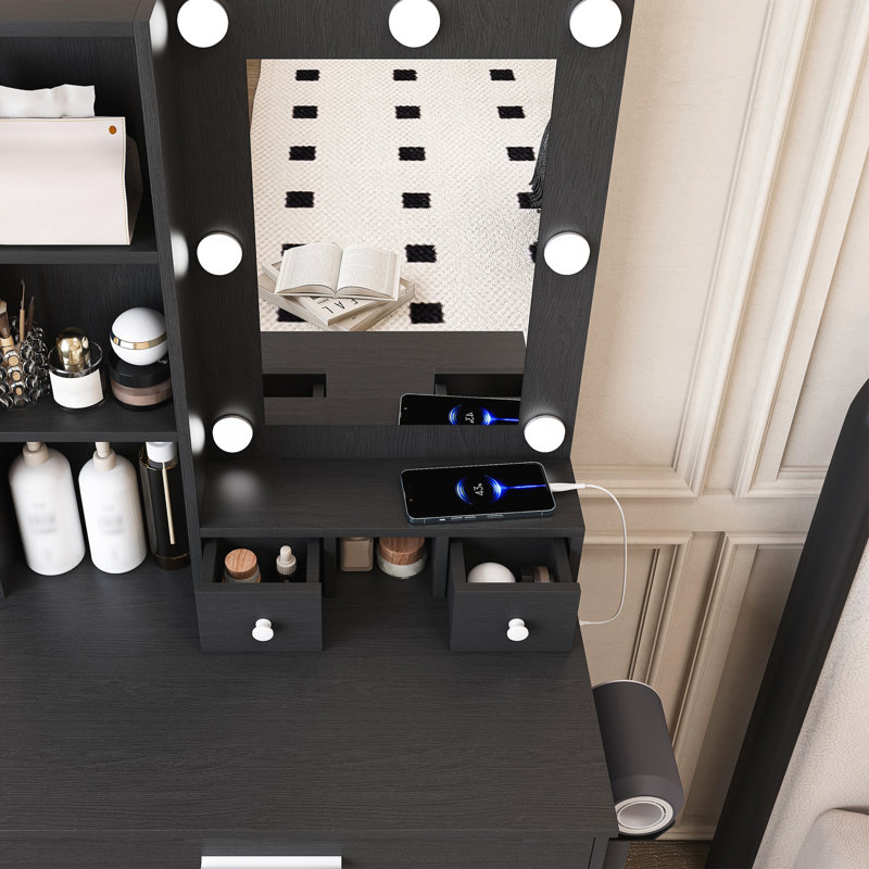 Table de coiffeuse avec miroir et lumières DEL réglables, Noir