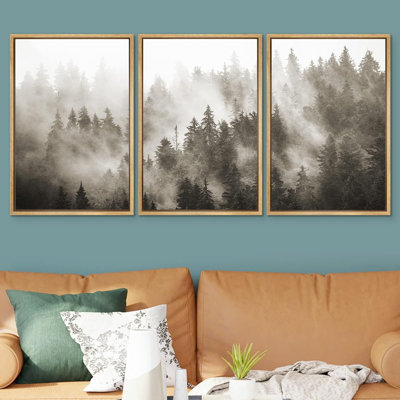 "IDÉE4WALL", reproduction d'art sur toile encadrée, ensemble de décor de chambre de bébé boisé, brouillard sépia, forêt de montagne, nature sauvage, art moderne, paysage rustique pour salon, chambre à coucher, bureau, impression sur toile, 3 piè