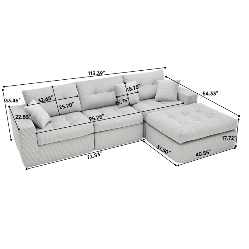Canapé-lit en coin avec méridienne à compression Corduroy, canapé modulaire en L avec éponge à haute densité, canapé convertible sans assemblage requis pour le salon, appartement, chambre d'amis (orange)