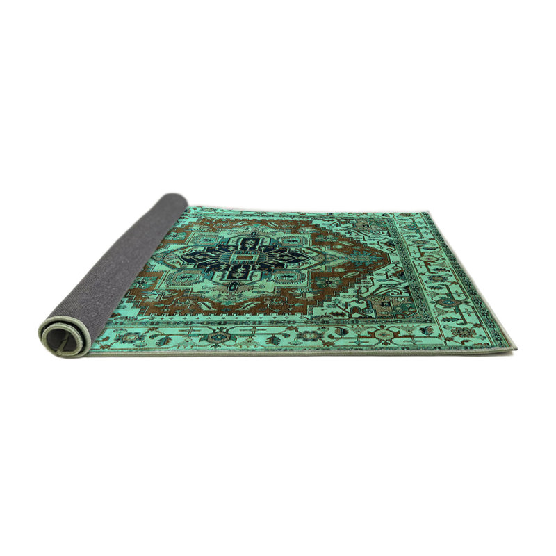 Tapis oriental tissé à la machine en turquoise / brun / bleu foncé, Carré 7 pi