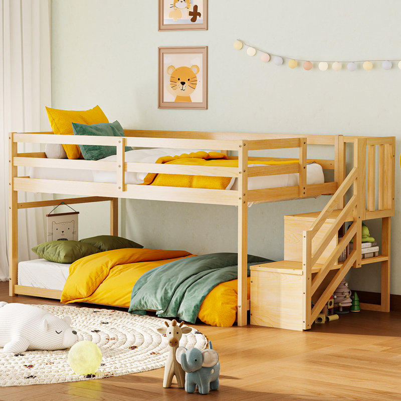 Low Bunk Bed Twin Over Twin, Floor Bunk Beds With Storage Staircase And Guardrails, Natural