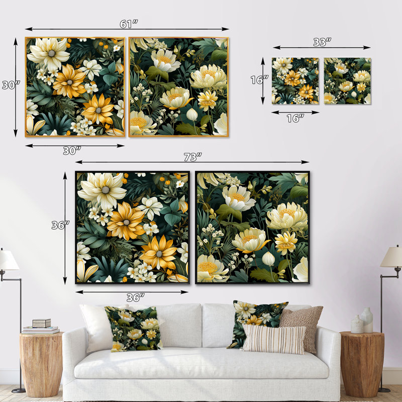 Veltri - Ensemble de 2 collages floraux carrés, Cadre flottant blanc, H 16 po x l 33 po