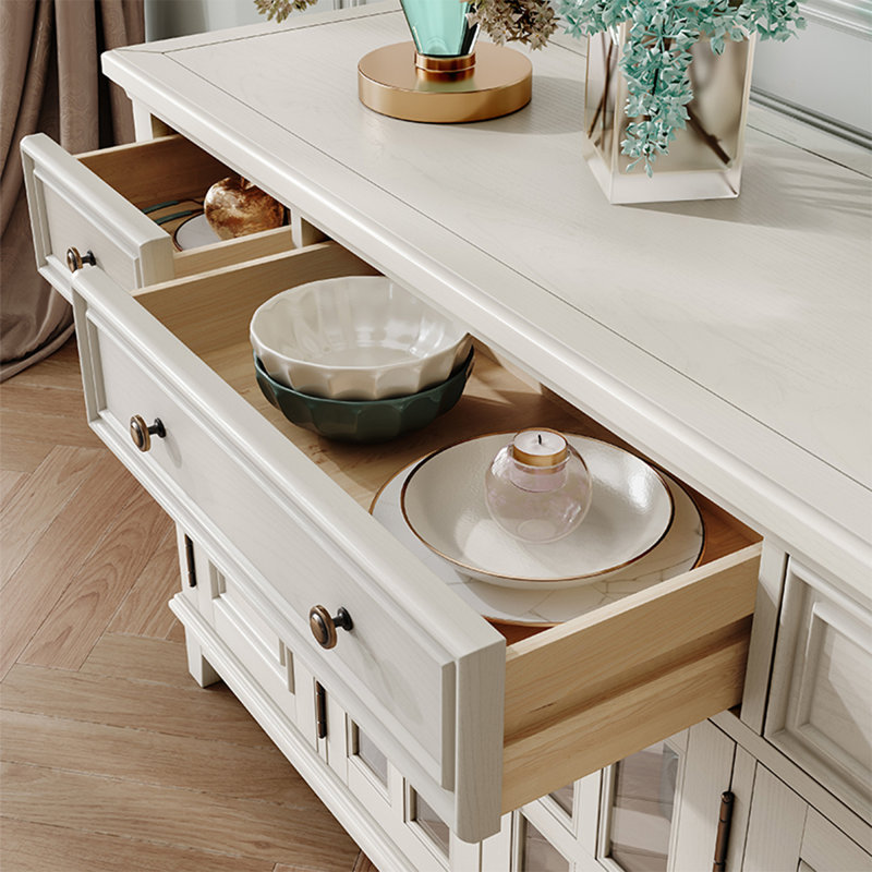 American-Style Solid Wood & Glass White Sideboard