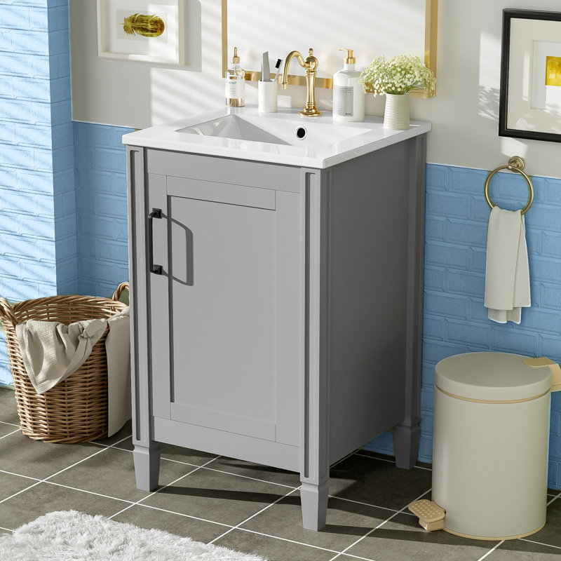 Meuble-lavabo moderne de 20 po | Lavabo en céramique, tablette en U réglable et support de porte, Gris
